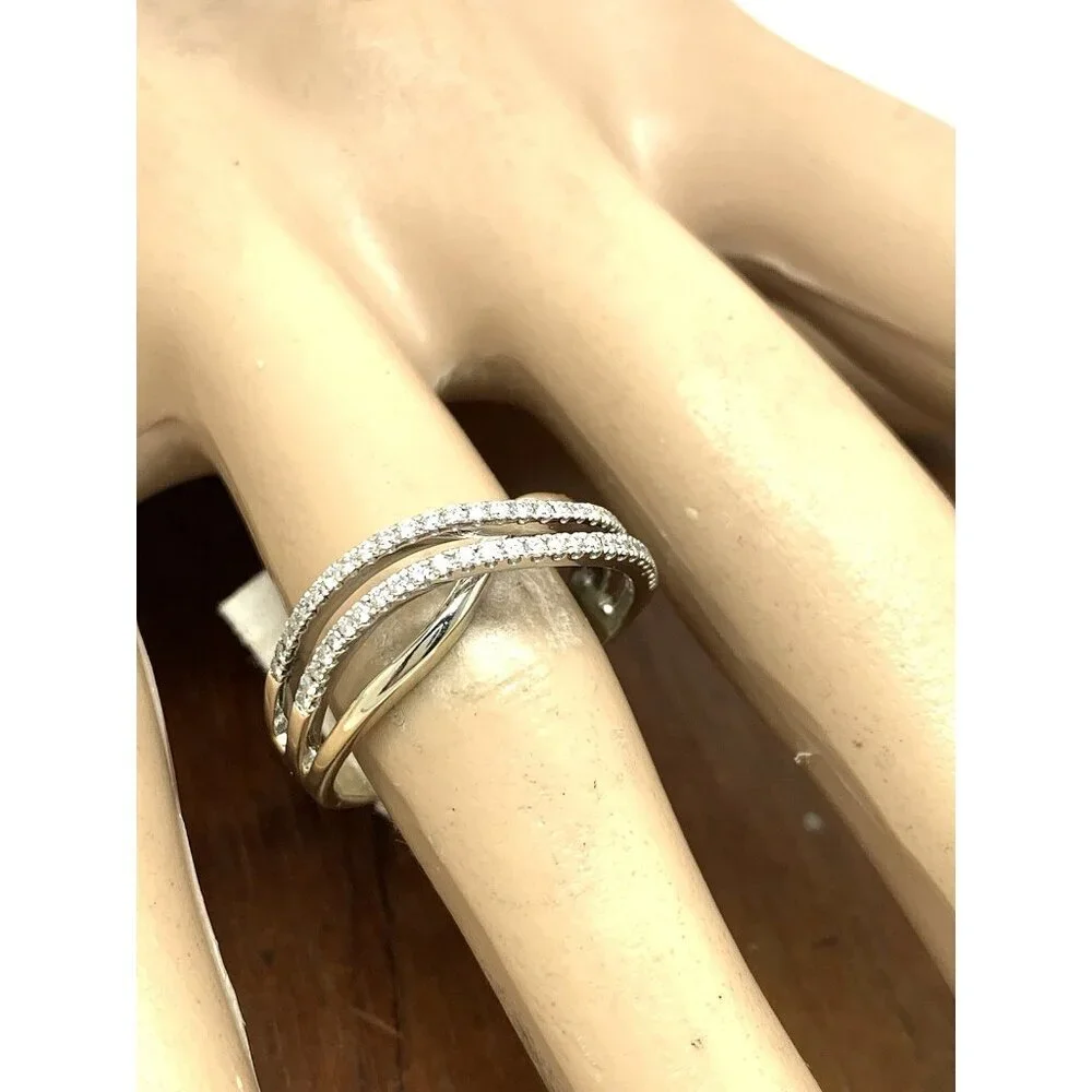 Double Row Diamond Ring 18k White Gold Crossover Style Women's Band Size 9.25